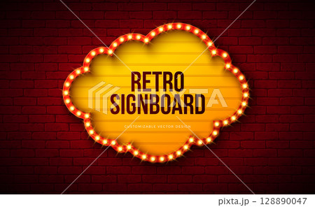 Retro Signboard Lightbox Banner Design with Glowing Light Bulb Frame Billboard on Vintage Brick Wall Background. Vector Customizable Cloud Shape Marquee Sign Illustration for Casino Advertising Retro Signboard Lightbox Banner Design with Glowing Light Bulb Frame Billboard on Vintage Brick Wall Background. Vector Customizable Cloud Shape Marquee Sign Illustration for Casino Advertising 128890047