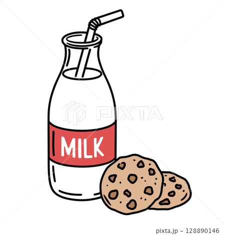 Cartoon Bottle of Milk with Straw and Chocolate Chip Cookies Cartoon Bottle of Milk with Straw and Chocolate Chip Cookies 128890146