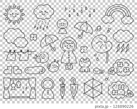 梅雨の手描きのイラストセット 128890226