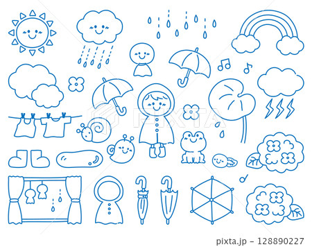 梅雨のかわいい手描きのイラストセット 128890227