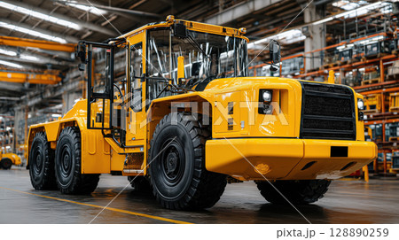 Large yellow mining vehicle is parked in industrial warehouse, showcasing its robust design and heavy duty tires 128890259