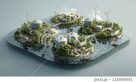 stylized future island powered by renewable resources and storage tanks 128890691