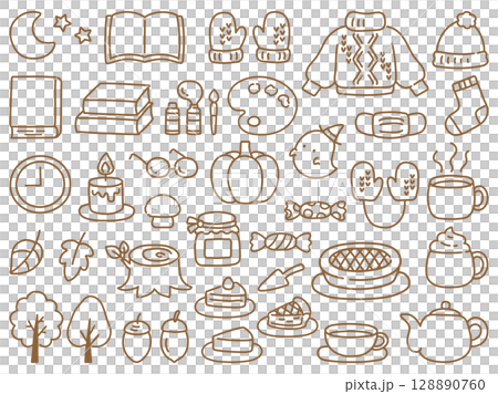 手書きの秋のアイコンセット 128890760