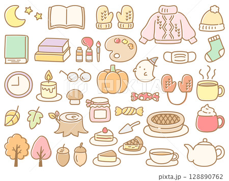 かわいい手書きの秋のイラストセット かわいい手書きの秋のイラストセット 128890762
