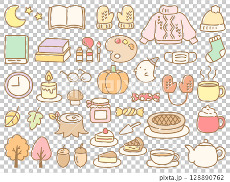 かわいい手書きの秋のイラストセット かわいい手書きの秋のイラストセット 128890762