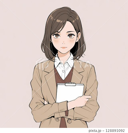バインダーを持った若い女性ジャーナリストが真剣な表情で立つ(白背景) バインダーを持った若い女性ジャーナリストが真剣な表情で立つ(白背景) 128891092
