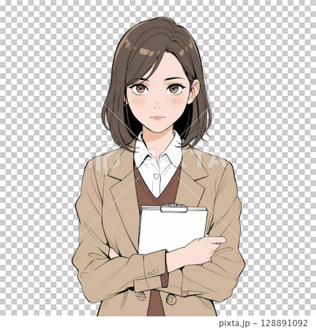 バインダーを持った若い女性ジャーナリストが真剣な表情で立つ(白背景) バインダーを持った若い女性ジャーナリストが真剣な表情で立つ(白背景) 128891092