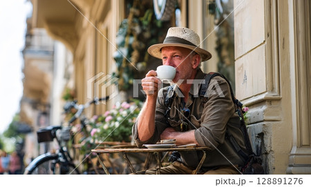 Traveler sipping coffee outside city cafe after check-in 128891276