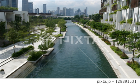 City canal integrated with green flood control 128891331