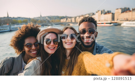 Friends taking a group selfie in front of famous city landmark 128891513