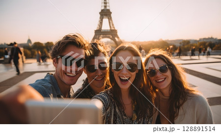 Friends taking a group selfie in front of famous city landmark 128891514