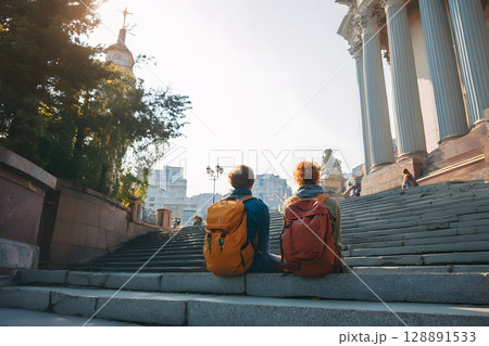 Backpackers sitting on stairs near city monument planning route 128891533