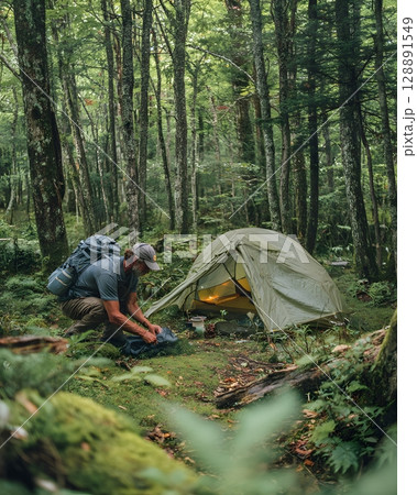 Solo hiker setting up tent in forest clearing 128891549