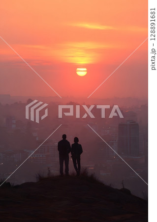 Tourists watching sunrise from city hilltop 128891681