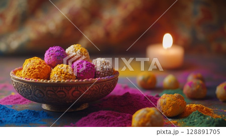 Traditional Holi Sweets in Decorative Bowl with Bright Holi Powder and Candle Traditional Holi Sweets in Decorative Bowl with Bright Holi Powder and Candle 128891705