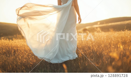 Woman in white dress standing in sunlit field with flowing fabric 128891728