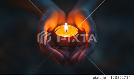 Close Up Of Unattractive Hands Holding A Lit Candle With Bad Lighting 128891734
