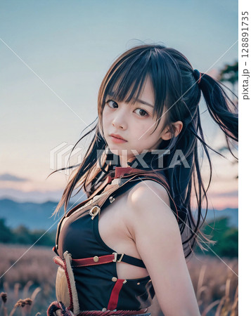 夕暮れの戦国時代の戦場で鎧を着た悲しげな顔の若い女性武士 128891735