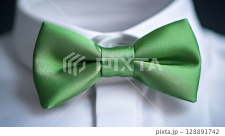 A closeup shot of a vibrant green silk bow tie neatly tied on a white dress shirt with soft natural light 128891742