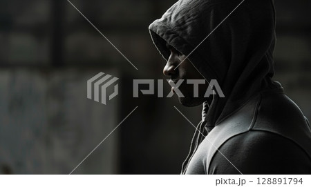 Athlete in a Hoodie Standing in Shadows with Side Lighting Muscle Definition Accentuation Athlete in a Hoodie Standing in Shadows with Side Lighting Muscle Definition Accentuation 128891794