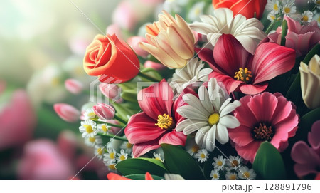 Beautiful and fragrant spring bouquet of flowers as a gift for mother Beautiful and fragrant spring bouquet of flowers as a gift for mother 128891796