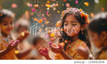 Children in vibrant clothing joyfully tossing flower petals and colored powder 128891809