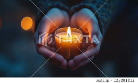 Close-up of Ugly Hands Holding a Lit Candle with Bad Lighting 128891812