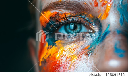 Close up portrait of person with colorful paint on cheeks and forehead in soft light 128891813