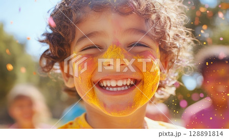 Closeup of a childs face with bright colored powder laughing with friends 128891814