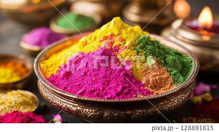 Closeup of a colorful pile of powder in a traditional bowl with bright hues 128891815