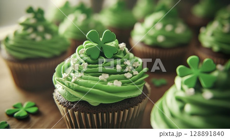 Delicious green cupcakes beautifully decorated with shamrocks for festive holiday treats 128891840