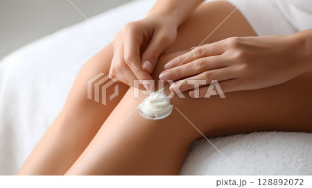Hands applying cellulite cream to thigh 128892072