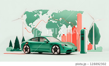 stylized infographic of global EV market growth and trends 128892302