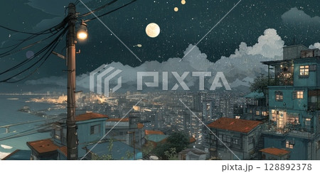 夜景　水彩画風 ペン画  128892378