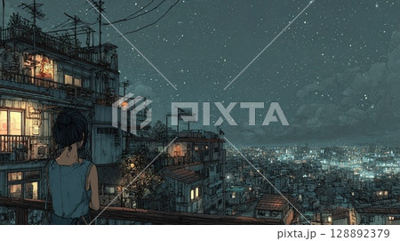 夜景　水彩画風 ペン画  128892379