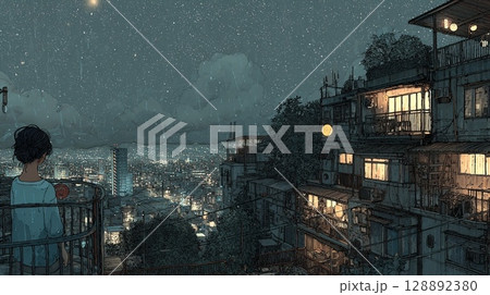 夜景　水彩画風 ペン画  128892380