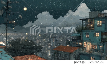 夜景　水彩画風 ペン画  128892385
