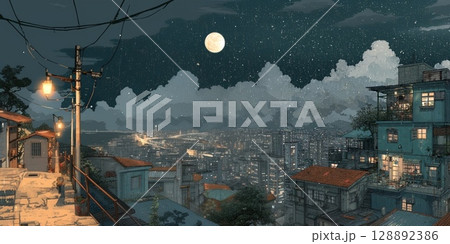 夜景　水彩画風 ペン画  128892386