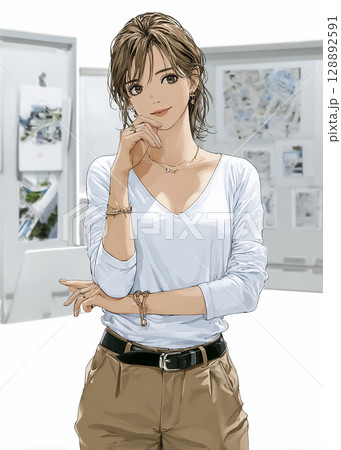 笑顔で話を聞くビジネスウーマンのイラスト素材 128892591