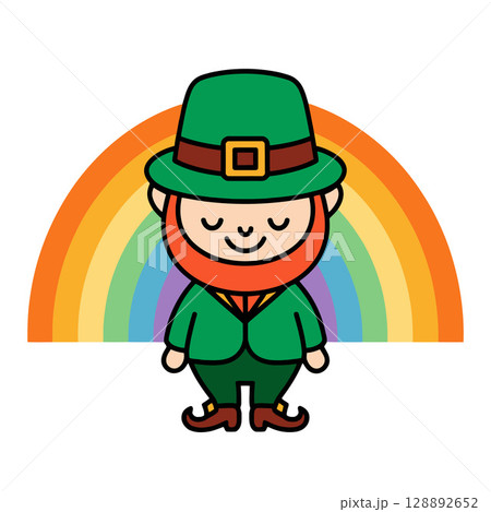 Cartoon Leprechaun Standing with Rainbow and Green Hat 128892652