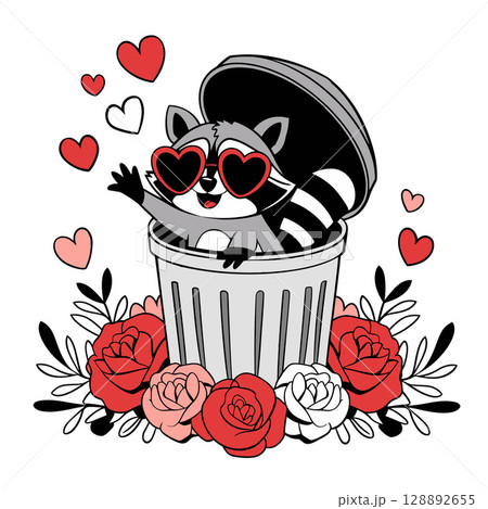 Cartoon Raccoon in Trash Can with Heart Sunglasses and Roses 128892655
