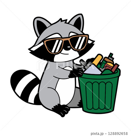 Cartoon Raccoon Wearing Sunglasses Holding Trash Can Cartoon Raccoon Wearing Sunglasses Holding Trash Can 128892658