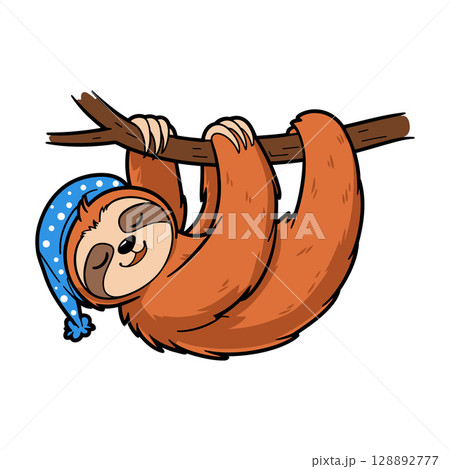 Cartoon Sloth Hanging from Tree Branch Wearing Sleeping Cap Cartoon Sloth Hanging from Tree Branch Wearing Sleeping Cap 128892777
