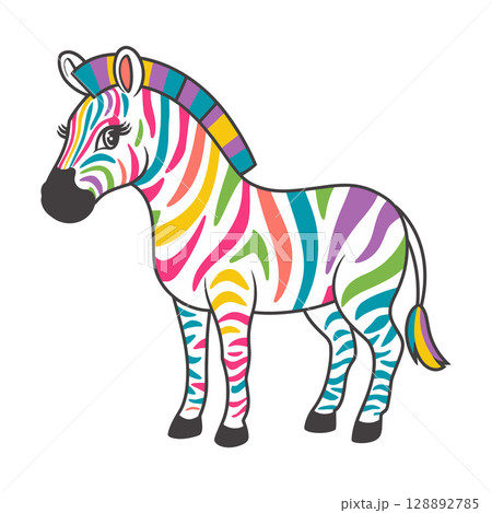 Cartoon Zebra with Colorful Stripes and Yellow Tipped Tail Cartoon Zebra with Colorful Stripes and Yellow Tipped Tail 128892785