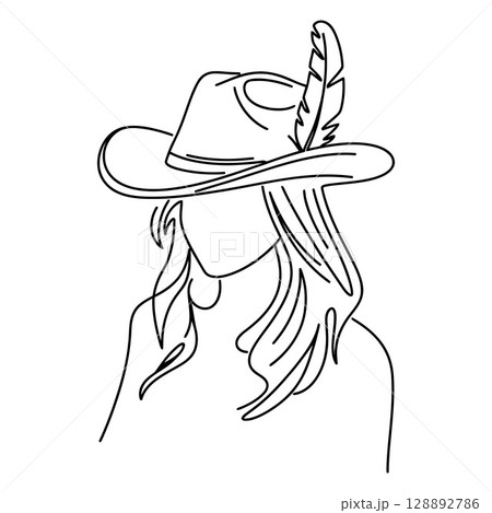 Minimal Line Drawing of Person Wearing Feathered Hat with Long Hair Minimal Line Drawing of Person Wearing Feathered Hat with Long Hair 128892786