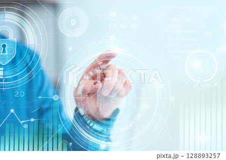 Futuristic Biometric Fingerprint Security Interface With Digital Lock Technology Display Futuristic Biometric Fingerprint Security Interface With Digital Lock Technology Display 128893257