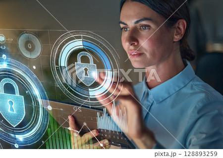 Professional Woman Interacting With Futuristic Cybersecurity Interface and Analyzing Data Locks 128893259