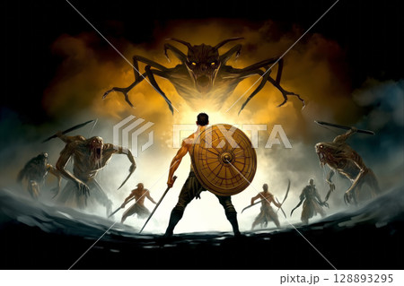 A lone warrior bravely fighting an overwhelming horde of monstrous creatures 128893295