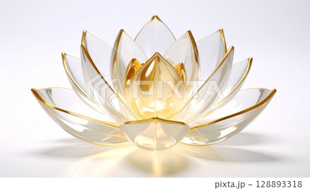 ガラスのように透明な蓮の花と金の縁取り、柔らかく光る幻想的な装飾 128893318