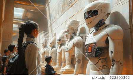 Children observing futuristic robot among Egyptian statues in museum 128893396